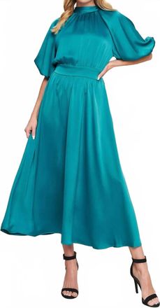 Flying Tomato Mock Neck Bell Sleeve Satin Effect Midi Dress In Turquoise