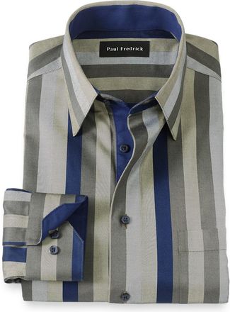 Paul Fredrick Comfort Stretch Non-iron Stripe Dress Shirt With Contrast Trim