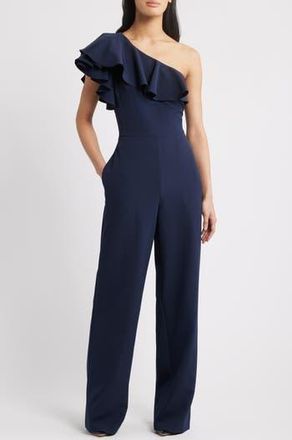 Eliza J One-Shoulder Ruffle Jumpsuit in Nvy at Nordstrom Rack, Size 14