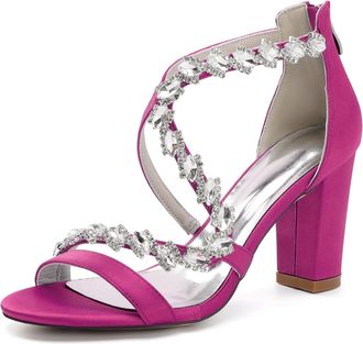 Generic Womens Open Toe Block Heel Sandals Bridal Crystal Wedding Dress Shoes Ankle Strap Prom Party Wedding Pump Sandals 8.5Cm,Fuchsia,7 UK