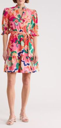 Eliza J Floral Puff Sleeve Fit & Flare Dress in Pink Multi at Nordstrom Rack, Size 14