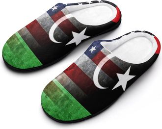 Generic Vintage U.S.A And Libya Flag Cotton Slippers for Women Indoor Outdoor Slipper Slip-On Memory Foam Home Shoes