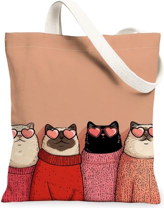 Generic Cute Cats Canvas Tote Bags, Adorable Feline Design Reusable Grocery Bags, Lightweight Washable Shoulder Strap Canvas for Tr, Peach, 13x15 Inch