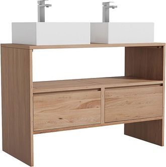 Vente-Unique Mueble de ba&ntilde;o de roble macizo con lavabo cuadrado sobre encimera y grifo - Natural claro - 110 cm - CAVIZO