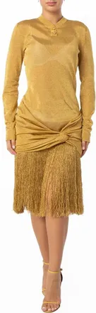 Ferragamo Midi Lurex Dress With Fringed Skirt, Size Medium