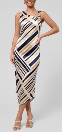 Rachel Roy Nerida Asymmetrical Neck Midi Dress in Navy Ivory Stripe at Nordstrom, Size X-Large