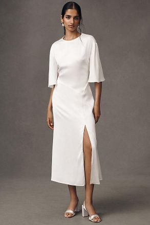 BHLDN Short-Sleeve Crew-Neck Side-Slit Satin Midi Dress