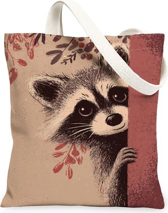 Generic Vintage Animal Canvas Tote Bags, Cute Raccoon Design Lightweight Washable Reusable Shopping Bags for Travel Outdoor Picnic, Brown, 13x15 Inch