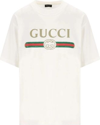 Gucci T-shirt van katoenjersey en zijde met print - Dames - T-shirts - Wit - XS - Katoen - Tops