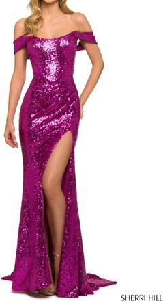 Sherri Hill Corset Bodice High Slit Sequin Gown In Bright Fuchsia