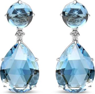 House of Brilliance 18K White Gold 1/5 Cttw Diamond with Round London Blue Topaz and 20 x 15mm Pear Cut Sky Blue Topaz Gemstone Dangle Earring
