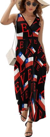 Generic Love Chilean Flag Womens Sleeveless Long Dress Summer Maxi Dresses Casual Beach V Neck Vacation L