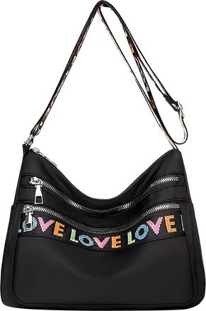 Generic Fashion Women High Capacity Letter Printing Zipper Travel Bag Shoulder Bag Messenger Bag Medium Leather Messenger Bag (Black, One Size)