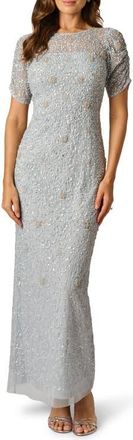 Adrianna Papell Ruched Sleeve Beaded Gown in Glacier at Nordstrom, Size 12