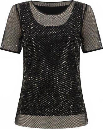 Joseph Ribkoff Womens Two-Piece Rhinestone Mesh Top And Camisole In Black