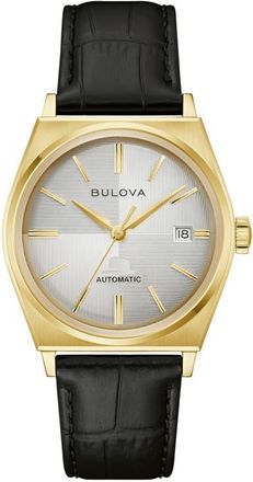 Bulova Frank Sinatra Nothing but the Best Automatic Leather Strap Watch, 37mm in Black at Nordstrom