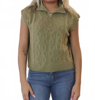 Le Lis Blanc Deux Half Zip Sleeveless Cable Sweater Top In Olive
