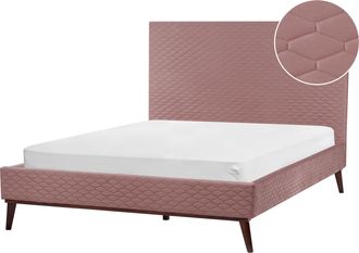 Beliani Cama Con Somier Cabecero Panal Acolchado Dise&ntilde;o Moderno Tapizado De Terciopelo Rosa 140 X 200 Cm Bayonne