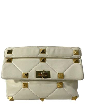 Valentino White Leather Large Roman Stud Shoulder Bag (Authentic Pre-Loved)