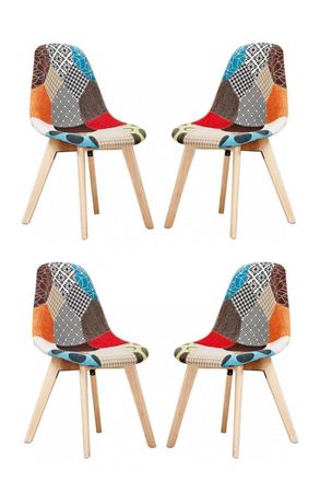 Life Interiors Set of 4 Patchwork Fabric Dining Chairs with Wooden Legs, Mid-Century Modern Accent Chair