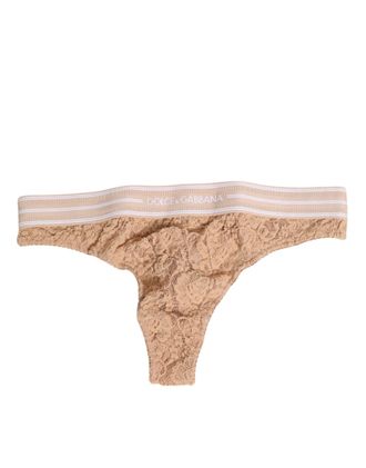 Dolce & Gabbana Womens Beige Lace Logo Elastic Waist Thong Tanga Underwear Polyamide Clothing