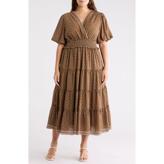 Max Studio Print Puff Sleeve V-Neck Dress in Mocha/Ivory at Nordstrom Rack, Size 2 X