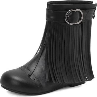 Generic Womens Fringe Ankle Boots PU Leather Round Toe Double Ring Buckle Comfortable Non Slip Durable Shoes For Daily Casual Party Streetwear,Black,3.5 UK