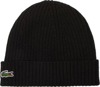 Lacoste Geribbelde Wollen Beanie - unisex - Hoeden - Zwart - ONE Size - Wol - Accessoires