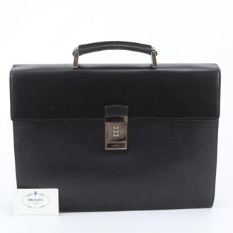 Prada Saffiano Black Leather Briefcase Tote Bag (Pre-Owned)