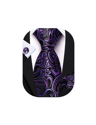 Barry.Wang Mens Tie Set Paisley Silk Pocket Square Cufflinks Necktie Woven Wedding Party Purple Blue