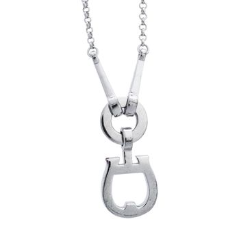 Aigner Crystal Embellished Logo Pendant Silver Tone Necklace