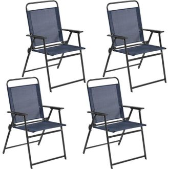Yaheetech Set Sedie da Giardino Pieghevole da Esterno Campeggio con Braccioli Telaio in Metallo e Seduta in Tessuto da Balcone Portata 100 Kg Navy Blu 4 Pezzi