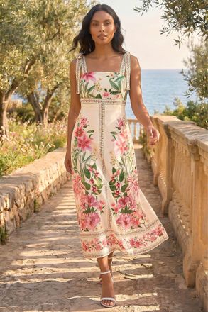 Roman Womens Tropical Print Sequin Midi Dress - Cream - Size 18 UK