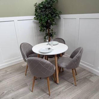 Life Interiors Lucia Dining Set Round White Table + 4 Velvet Dining Chairs in Grey