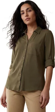 Jessica London Everyday Roll Tab Shirt in Dark Olive Green at Nordstrom, Size Medium