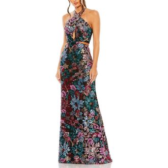 Mac Duggal Sequin Embellished Cross Neck Gown in Black Multi at Nordstrom, Size 4