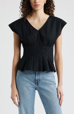 Nordstrom Pleated V-Neck Poplin Top in Black at Nordstrom, Size Xx-Large