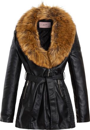 SS7 Womens Faux leather Biker Coat with Faux Fur Collar
