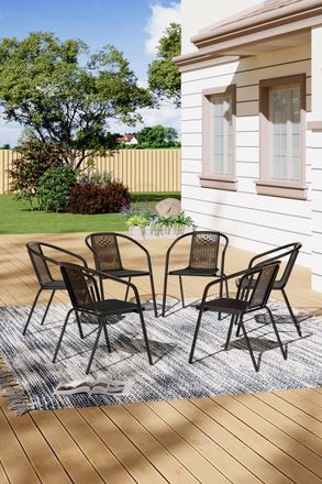 Living and Home 6-Pack Stackable Vintage Rattan Armchairs - Black Outdoor Patio Dining Set for Garden
