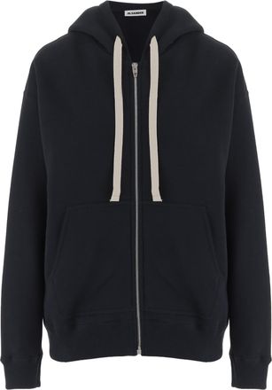 Jil Sander Navy Cotton Hoodie with Front Zip and Vertical Logo