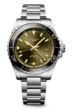 Longines HydroConquest GMT Automatic Bracelet Watch, 43mm in Stainless Steel/Sunray Green at Nordstrom