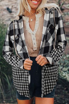 Azura Exchange Womens Plaid Hooded Shacket - Black - Size Medium