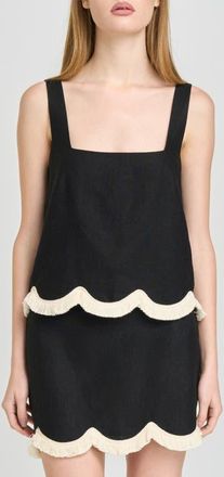 Wayf Encore Fringe Trim Linen Blend Top in Black at Nordstrom, Size X-Large