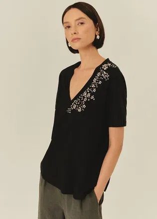 Exquise Mallory Understated Embellished Tee in Black at Nordstrom, Size Medium