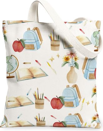 Generic Floral Canvas Tote Bags, Artistic Flower Pattern Reusable Grocery Bags, Vintage Lightweight Washable Shoulder Strap Canvas, White, 13x15 Inch