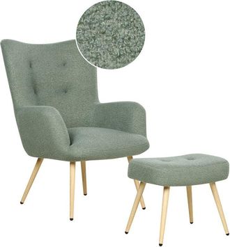 Beliani Beliani - Wingback Mid-Century Modern Boucle Upholstered Armchair Ottoman Set Light Green Vejle ii
