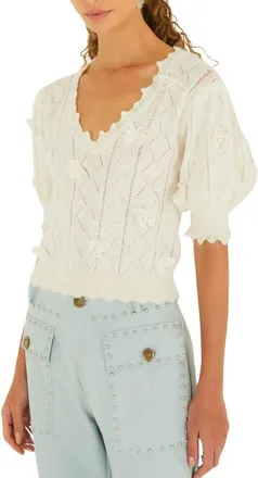 Farm Rio Richilieu Butterfly Appliqu&eacute; Pointelle Sweater in Off-White at Nordstrom, Size Xx-Small