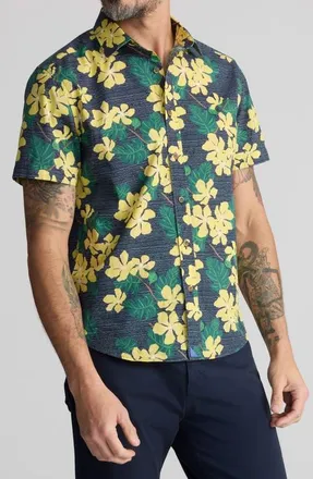 UNTUCKit Finc Floral Short Sleeve Cotton Shirt in Navy Yellow at Nordstrom, Size X-Large
