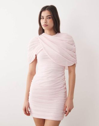 Asos Mini mantella drappeggiata in rete rosa confetto con spalline imbottite