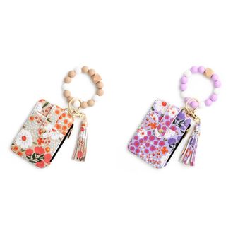 Generic Women Boho Keychain Wallet with Beaded Bracelet Small Holder(Khaki)